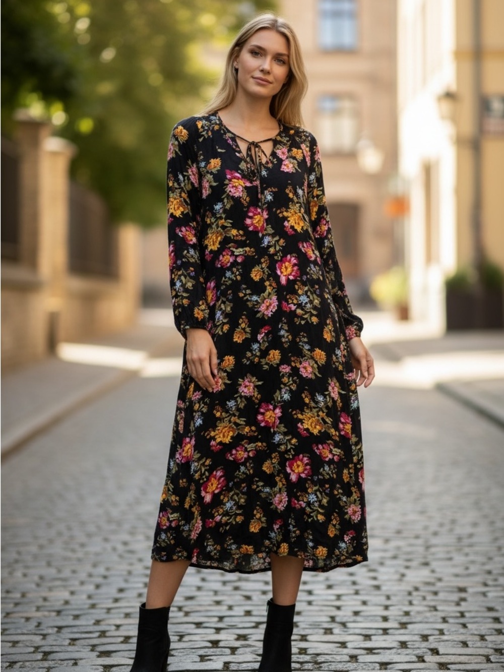 Natural Life Rowan Floral Midi Maxi Dress NWT Black Boho Long Sleeve Side Slit